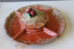 lot 324 image: vintage California Art Pottery serving set featuring a brown and orange drip glaze