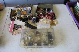 lot 325 image: collection of assorted antique and vintage buttons housed in a clear, divided plastic storage box and sewing things see pictures for details