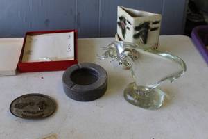 lot 328 image: Murano-style art glass bull sculpture.and vintage-style rodeo championship belt buckle and  vintage black marble ashtray