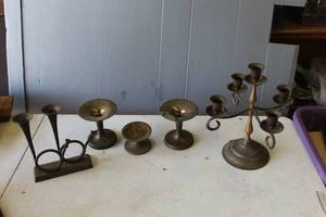 lot 332 image: Assortment of brass candle holders and more
