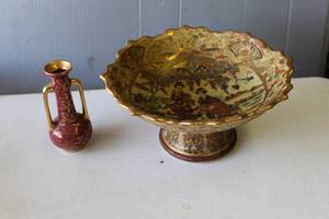 lot 335 image: Japanese Satsuma pedestal bowl and vintage burgundy ceramic vase featuring delicate 22k gold floral accents and gold-trimmed handles