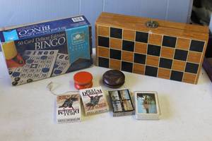 lot 359 image: Game set with 2- wood yo yo and  a chest set and more see pictures for details