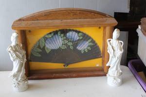 lot 366 image: vintage collectible set consisting of a framed, hand-painted Japanese folding fan and 2-vintage white porcelain statue is a Guanyin figurine