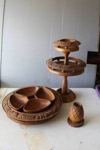 lot 367 image: vintage, hand-carved monkey pod wood lazy susan, featuring a three-tiered serving tower design.