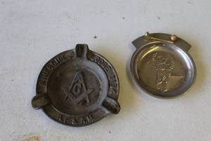 lot 385 image: vintage Masonic Square and Compasses cast iron trivet, often utilized as an ashtray  and more see pictures for details
