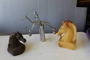 lot 386 image: vintage kinetic balance sculpture, often referred to as a Rolling Pendulum Acrobat  largy horse candle and horse figure