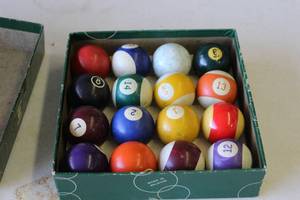 lot 410 image: vintage set of Aramith pool balls in their original box, manufactured in Belgium.