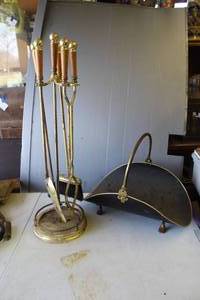 lot 418 image: vintage brass and black fireplace tool set and a matching coal scuttle