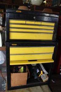 lot 450 image: Stanley tool chest and cabinet set full of tools see pictures for details