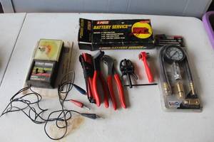 lot 512 image: vintage Stewart-Warner Tach-Dwell Voltmeter and 4-piece battery service kit and Innova 3612 Compression Tester kit