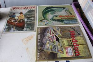 lot 543 image: vintage-style Heddon fishing tackle printed advertisements or signs