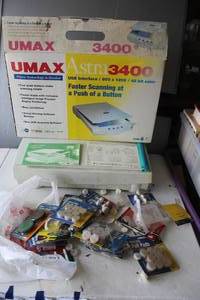 lot 558 image: UMAX Astra 3400 flatbed scanner and packages of self-adhesive felt pads used to protect floors and furniture from scratches