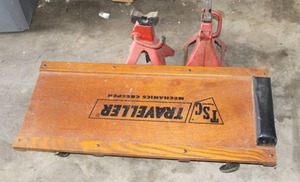 lot 576 image: wooden mechanics creeper b and automotive jack stands