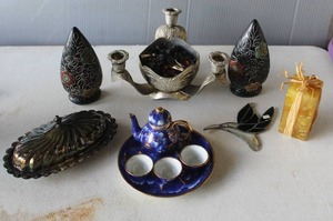 lot 577 image: Vintage Limoges Castel Miniature Tea Set, and vintage Godinger silver-plated centerpiece, designed to function as both a candle holder, and Japanese hand-painted  items and  more see pictures for details