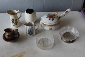 lot 598 image: vintage porcelain silent butler, also known as a crumb catcher, and pitchers and egg shaped vase and more see pictures for details