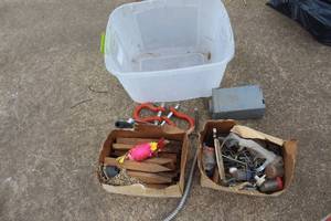 lot 605 image: Tote full of assorted hardware and miscellaneous items,