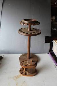lot 608 image: vintage wooden tobacco pipe rack and stand, designed to hold multiple smoking pipes and accessories. And  small one isvintage wood and glass pipe tobacco humidor stand,