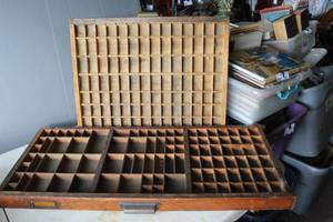 lot 609 image: 2-antique wooden letterpress printer tray, commonly known as a type case drawer, designed to hold metal or wooden letters for printing