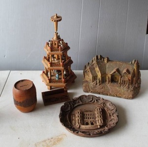 lot 611 image: vintage items features hand-carved wood decorations  like and souvenirs see pictures for details and wall plate featuring a detailed relief of the Porta Nigra in Trier, Germany. And vintage wooden barrel coin bank and more see pictures for details