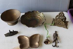 lot 615 image: vintage brass letter mail sorter rack,and decorative cast-iron hook and vintage brass butterfly trinket dish and vintage hand-hammered copper bowl and and much more see pictures
