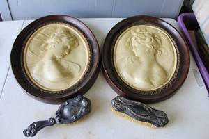 lot 620 image: vintage Alexander Backer Company (ABCO) chalkware wall plaques feature a 3D bas-relief cameo portrait of a Victorian lady and antique brushes