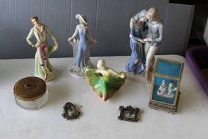 lot 621 image: features a collection of vintage ceramic and porcelain figurines, including human figures, a dancer, and miniature decorative pieces andvintage-style miniature decorative picture frames and much more see pictures for details