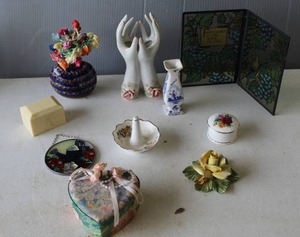 lot 624 image: collection of vintage decorative items like vintage porcelain hand vase and trinket dish, designed to hold small jewelry items like rings.  And Royal Albert Old Country Roses trinket box. And much more see pictures for details