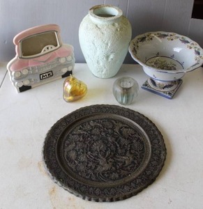 lot 626 image: antique ceramic footed bowl, and antique Persian hand-engraved metal tray, likely made of tinned copper and much more see pictures for details