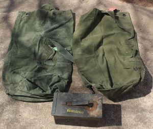 lot 646 image: vintage U.S. military ammunition box and 2-military duffle bag,