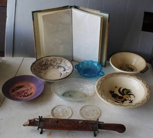 lot 680 image: collection of vintage or antique items, including various ceramic bowls and a decorative knife in its scabbard and more see pictures for details