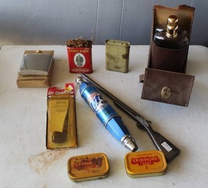 lot 687 image: vintage Miller Lite beer tap handle and gun lighter and vintage Dr. Grabow Duke smoking pipe and  Cowtown Ball stainless steel hip flask and much more see pictures for details