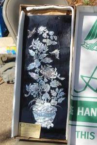 lot 693 image: vintage Asian black lacquer wood panel featuring intricate white mother of pearl inlay work depicting flowers and butterflies