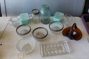 lot 696 image: Set of vintage silver rim cut glass crystal optic small bowls and 2Turquoise Pyrex refrigerator dish, and blue Ball Perfect Mason jar, and more see pictures for details