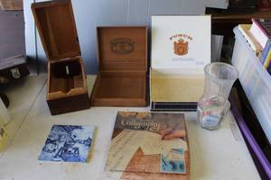 lot 801 image: Cigar boxes and vintage Royal Mosa Dutch Delft blue ceramic tile, vase with books of matches and more see pictures for details