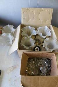 lot 805 image: chandelier with extra glass globes and a box full of chandelier drops,