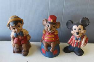 lot 755 image: vintage Walt Disney figurines all stamped on the back theres Pinocchioand , Timothy Q. Mouse, and mickey mouse