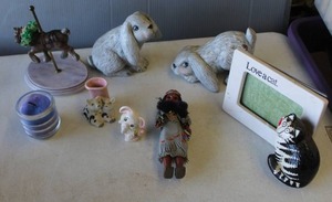 lot 756 image: collection of figurines like porcelain bunny figurine, & small pigs vase & collector doll & bunny figurine, and much more see pictures for details