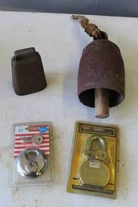 lot 769 image: rustic-style iron bell and vintage metal cowbell, and Security solid steel padlock and high-security disc lock