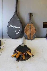 lot 837 image: racquetball and tennis racquets and ping pong paddles, and holder