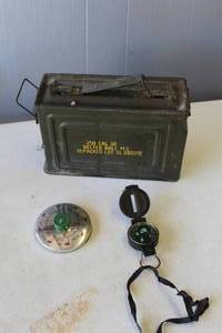 lot 838 image: vintage US military metal ammunition box and compact lensatic pocket compass
