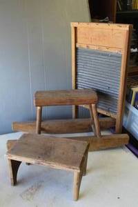 lot 846 image: washboard key holder and wooden stools