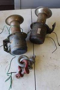 lot 857 image: vintage AH-000-GAH horn manufactured by the Hutchins Co., Inc. in St. Charles, Missouri. And 12-volt Ah-ooo-gah horn, and Crosby screw pin anchor shackle,