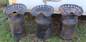lot 881 image: 3-rustic milk can tractor seat stools (the bidding is X-3)