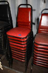 lot 174 image: Stackable red cushion chairs with metal frame - 10 total