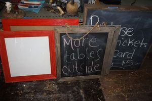 lot 41 image: Double sided chalk signs and two red framed picture frames