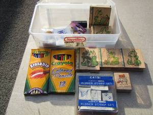lot 51 image: small tote of color pencils, rubber stamp sets, and 2 ink pads