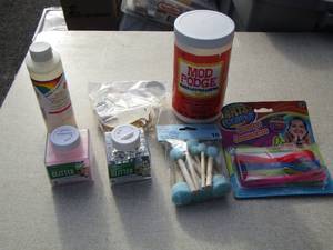lot 54 image: art supplies, Modge Podge, gloss and glitter, sponges, wooden chicks, and loop and lace necklace