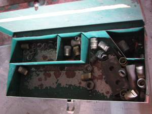 lot 129 image: VINTAGE GREEN TOOLBOX with CONTENTS