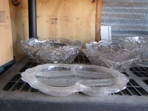 lot 217 image: GLASS BOWLS, OIL DISPENSER,  SUGER JAR, AND MORE