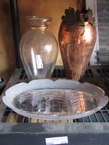 lot 218 image: PLATTER, GLASS VASE, AND METAL VASE